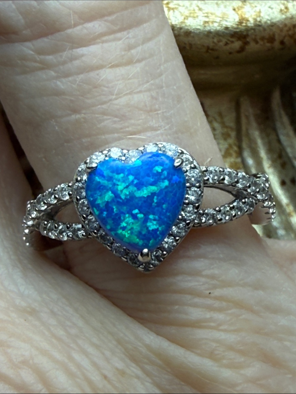 Blue Fire Opal Heart Ring Moissanite Diamomds 925 Sterling Silver STUNNING